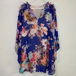 Lavender Brown Blue Floral V Neck Bell Sleeve Mini Dress Size Medium